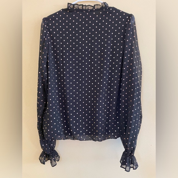Black with Gold Polka Dot Long Sleeve V-Neck Blouse Sz-Medium - Picture 5 of 9